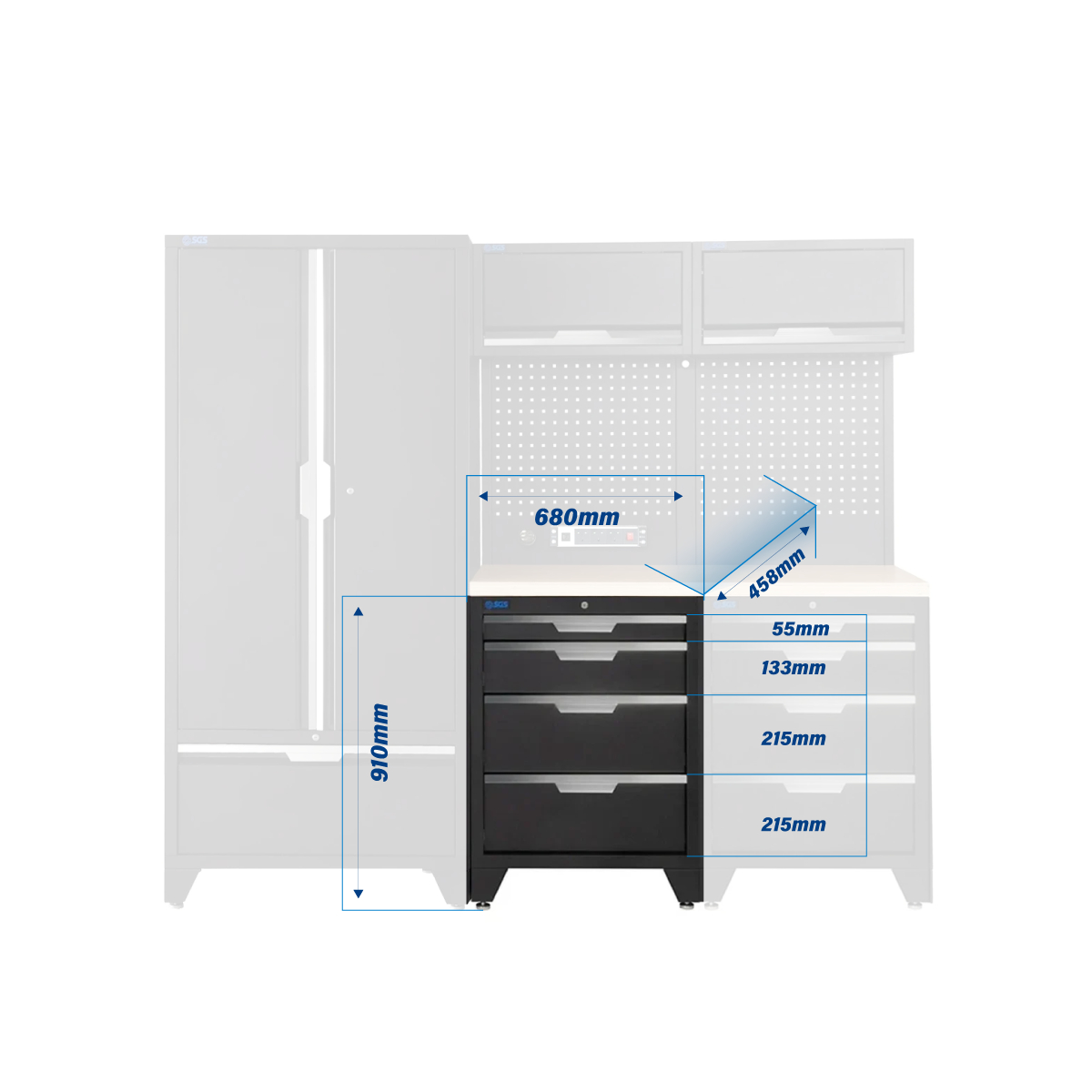 SGS 7pc Modular Garage Storage | 8 Drawers | Plywood Worktop | 2x Upper Cabinets | Tall Double Cabinet with Drawer | Pegboard with Power Strip